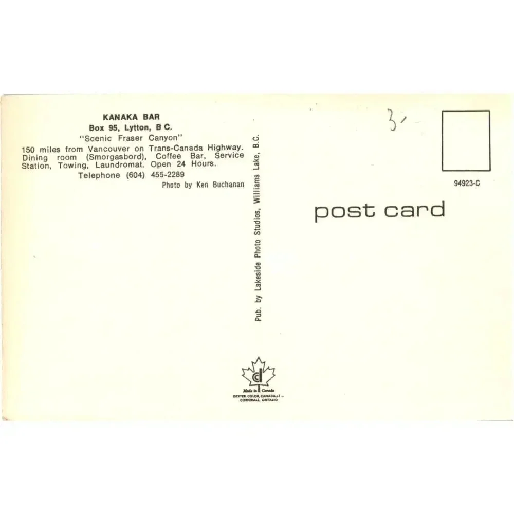 Kanaka Bar, Box 95 Lytton B.C. Canada Postcard